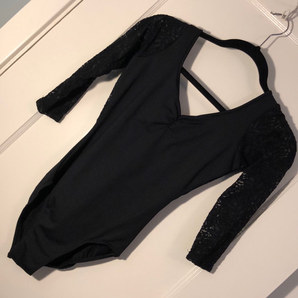 Black Leotard w/ Lace Sleeves & Circle Cutout Back